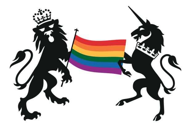 The government crest with a Pride flag