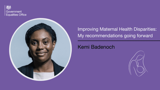 Graphic featuring Kemi Badenoch and nursing mother and child