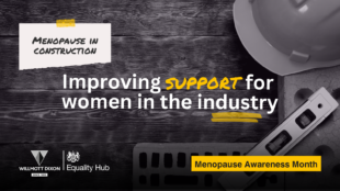 Black and white graphic card that includes a hard hat and construction tools along its right-hand side. Reads: Menopause in construction. Improving support for women in the industry. Menopause Awareness Month. The Willmott Dixon and Equality Hub logos feature in the bottom left-hand corner of the card. 